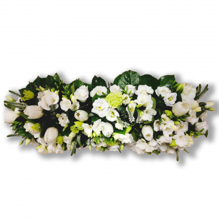Jerbe Funerare - Jerba funerara olla cu lalele albe, frezii albe si eustoma verde