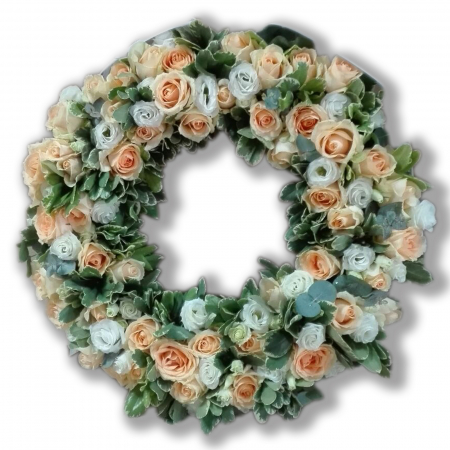 Funerare - coroana-funerara-olla-in-forma-de-cerc-50-cm-cu-trandafiri-somon-si-eustoma-alba