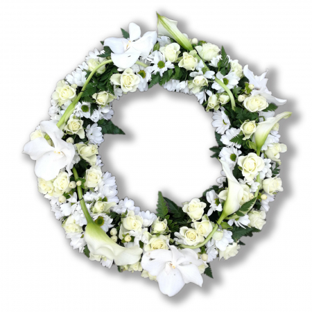 Funerare - Coroana funerara olla in forma de cerc cu trandafiri albi mini cale si orhidee vanda alba