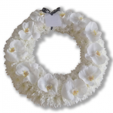 Funerare - Coroana funerara olla in forma de cerc cu orhidee phalaenopsis alba si crizantema alba