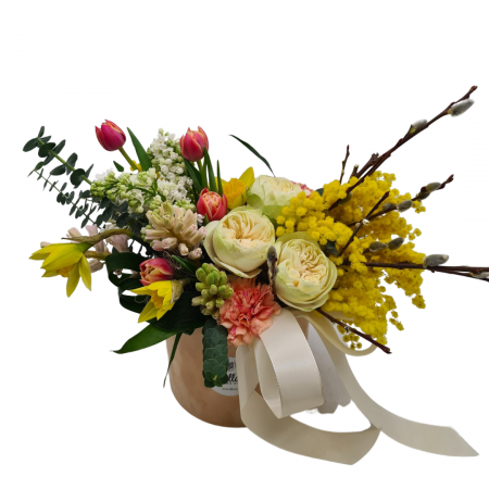 Buchete de Flori si Aranjamente florale - Cutie de catifea Olla cu Zambile, Liliac si Lalele poza reala