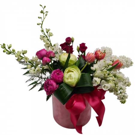 Buchete de Flori si Aranjamente florale - Cutie de catifea Olla cu Liliac, Lalele si Trandafiri B2B