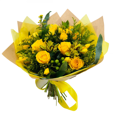 Buchete Trandafiri - Buchet de flori Olla din Trandafiri galbeni premium si lalele poza reala