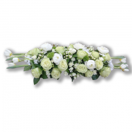 Jerbe Funerare - Jerba funerara olla cu trandafiri albi, lalele albe si bujori albi