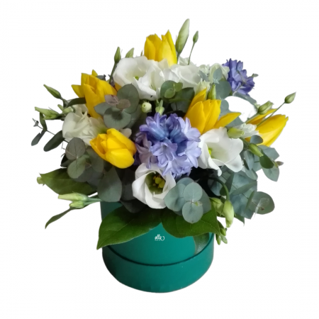 Buchete de Flori si Aranjamente florale - La multi ani flori in cutie Olla cu Lalele si Zambile cadou corporate