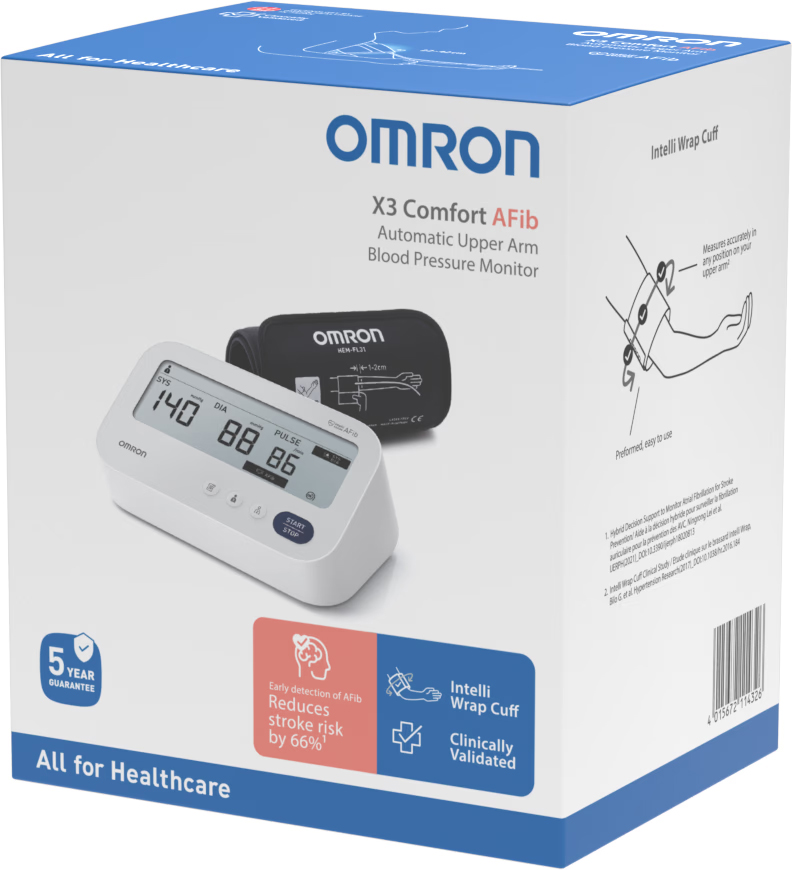 omron-x3-comfort-afib-tensiometru-braț-validat-clinic-detectare-fibrilație-atrială-cutie