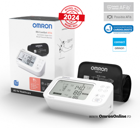 Tensiometre - OMRON M6 Comfort AFib (HEM-7380-E) - Tensiometru de brat, detectare fibrilatie atriala (Afib), manseta inteligenta Intelli Cuff, afisaj DUAL - Omron