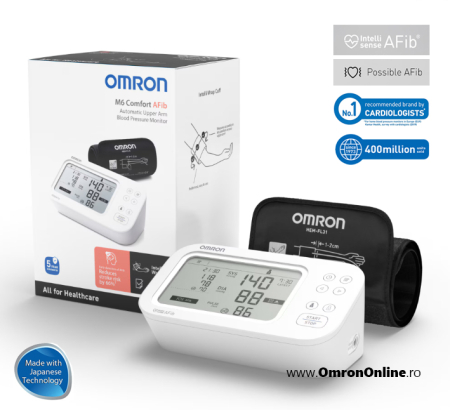 Tensiometre de brat - OMRON M6 Comfort AFib (HEM-7380-E) - Tensiometru de brat, detectare fibrilatie atriala (Afib), manseta inteligenta Intelli Cuff, afisaj DUAL - Omron