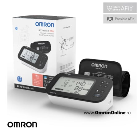 Tensiometre de brat - OMRON M7 Intelli IT AFib (HEM-7380T1-EBK) cu Bluetooth - Tensiometru de brat, detectare fibrilatie atriala, manseta inteligenta Intelli Cuff, transfer date Omron Connect, afisaj DUAL
