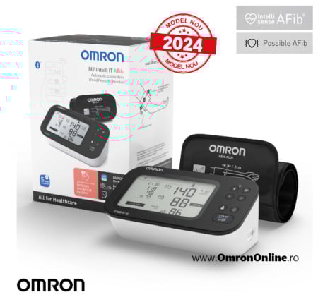 Tensiometre de brat - OMRON M7 Intelli IT AFib (HEM-7380T1-EBK) cu Bluetooth - Tensiometru de brat, detectare fibrilatie atriala, manseta inteligenta Intelli Cuff, transfer date Omron Connect, afisaj DUAL