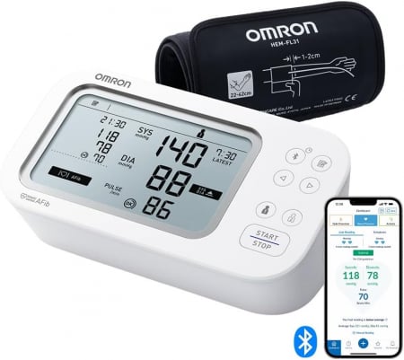 OMRON X7 Smart AFib (HEM-7380T1-EOSL) cu Bluetooth - Tensiometru de brat, detectare fibrilatie atriala, manseta inteligenta Intelli Cuff, transfer date Omron Connect, afisaj DUAL [1]