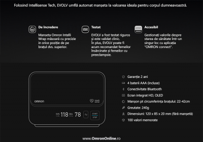 Tensiometru Omron EVOLV digital de brat, manseta inteligenta 22-42 cm, transfer date Bluetooth, fara cabluri, validat clinic, ecran OLED, fabricat in Japonia [4]