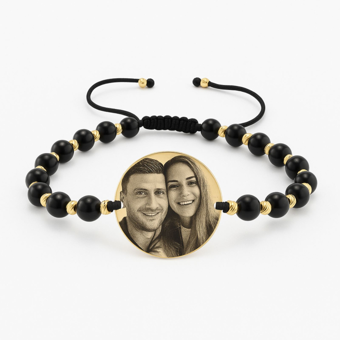 Brățară Personalizată Text - Pietre Onix, Bănuț și Biluțe Argint 925, Placată Aur 24K [2]