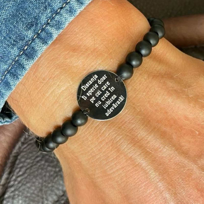 Brățară cu șnur și bănuț personalizat Argint 925, biluțe onix [2]