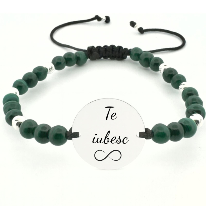 Bratara Argint Personalizata cu Mesaj, cu snur Reglabil, Pietre Malachit Verde 5mm, Banut 18 mm