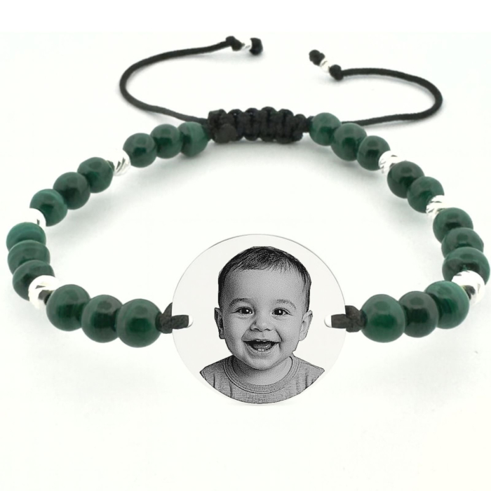 Bratara Argint Personalizata cu Poza si Mesaj, cu snur Reglabil, Pietre Malachit Verde 5mm, Banut 18 mm