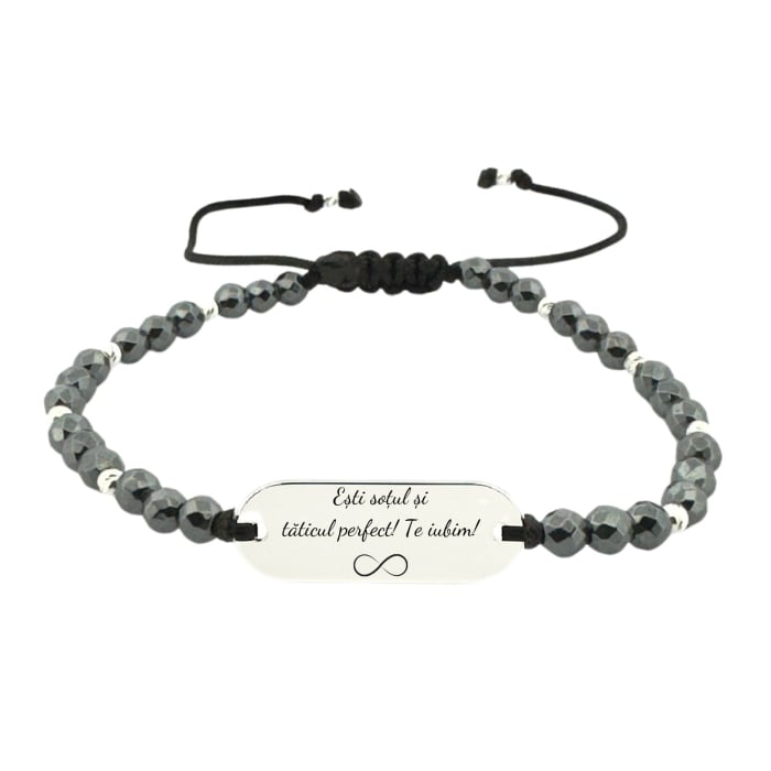 Brățară Argint Personalizată Text, cu Șnur Reglabil, Hematit 4mm, Plăcuță Gravată 23x8 mm [1]
