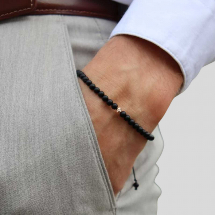 Bratara aur 14K cu bilute si pietre semipretioase onix 4 mm, snur reglabil [2]