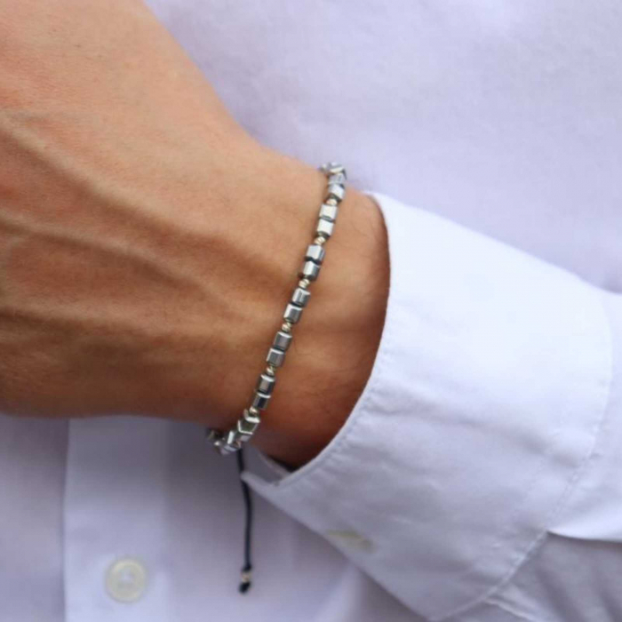 Bratara aur alb 14K cu bilute si pietre hematit cuburi 4 mm, snur reglabil [3]