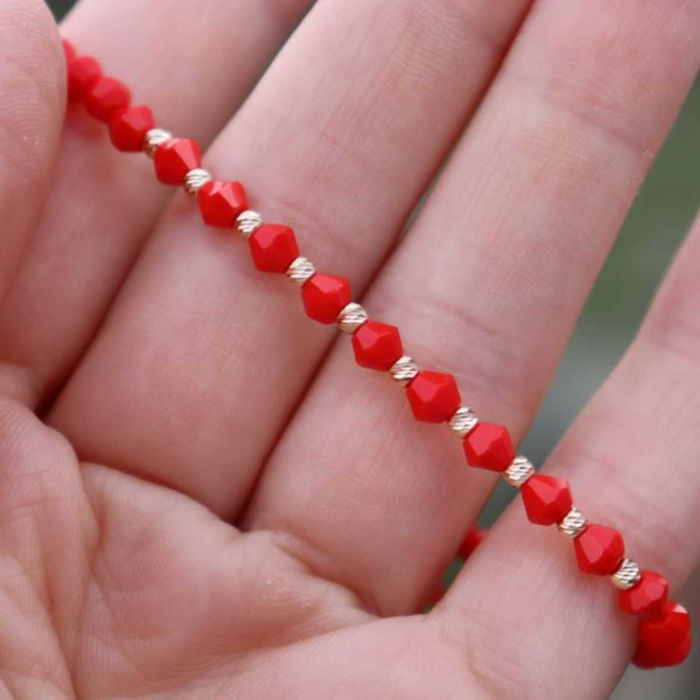 Bratara aur dama cu snur rosu si bilute de aur 14K, Cristale Sticla [3]
