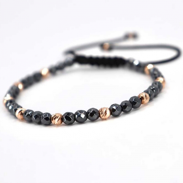 Bratara aur roz 14K cu bilute si pietre hematit 4 mm, snur reglabil [4]