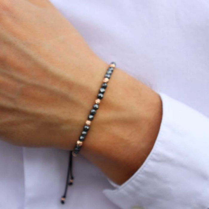 Bratara aur roz 14K cu bilute si pietre hematit 4 mm, snur reglabil [3]