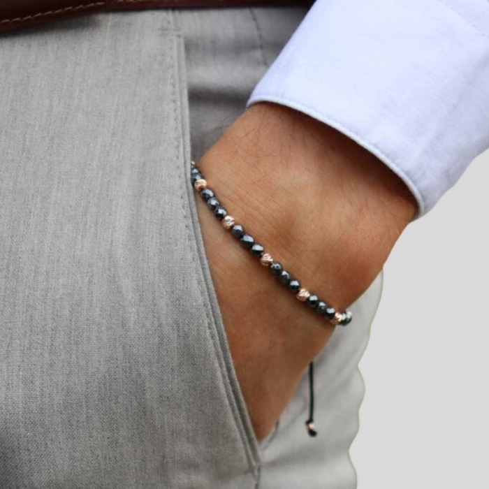 Bratara aur roz 14K cu bilute si pietre hematit 4 mm, snur reglabil [2]