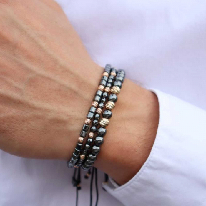 Bratara aur roz 14K cu bilute si pietre hematit 4 mm, snur reglabil [5]