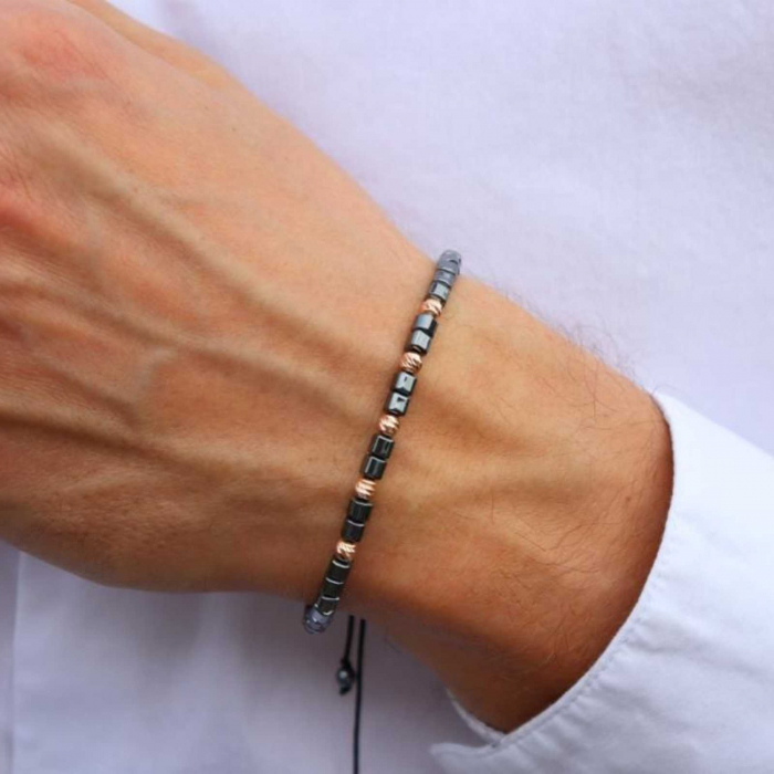 Bratara aur roz 14K cu bilute si pietre hematit cuburi 4 mm, snur reglabil [9]