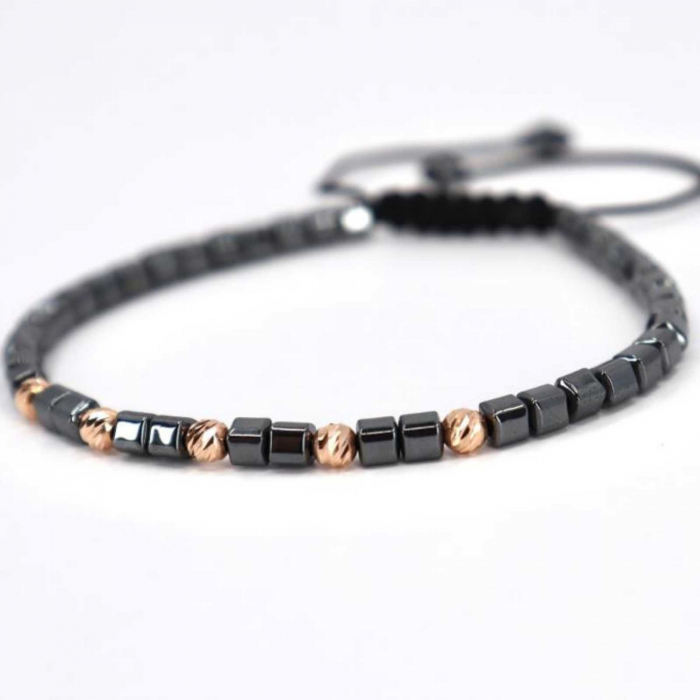 Bratara aur roz 14K cu bilute si pietre hematit cuburi 4 mm, snur reglabil [4]