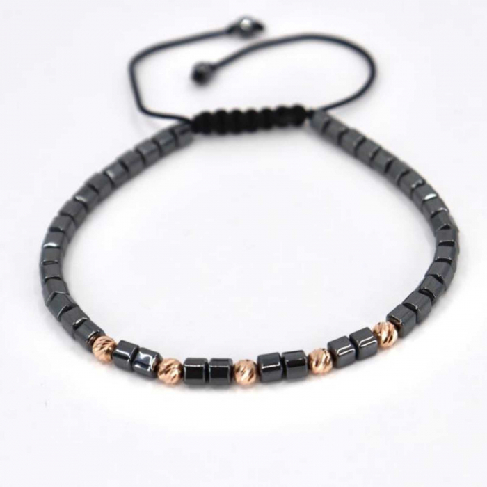 Bratara aur roz 14K cu bilute si pietre hematit cuburi 4 mm, snur reglabil [5]