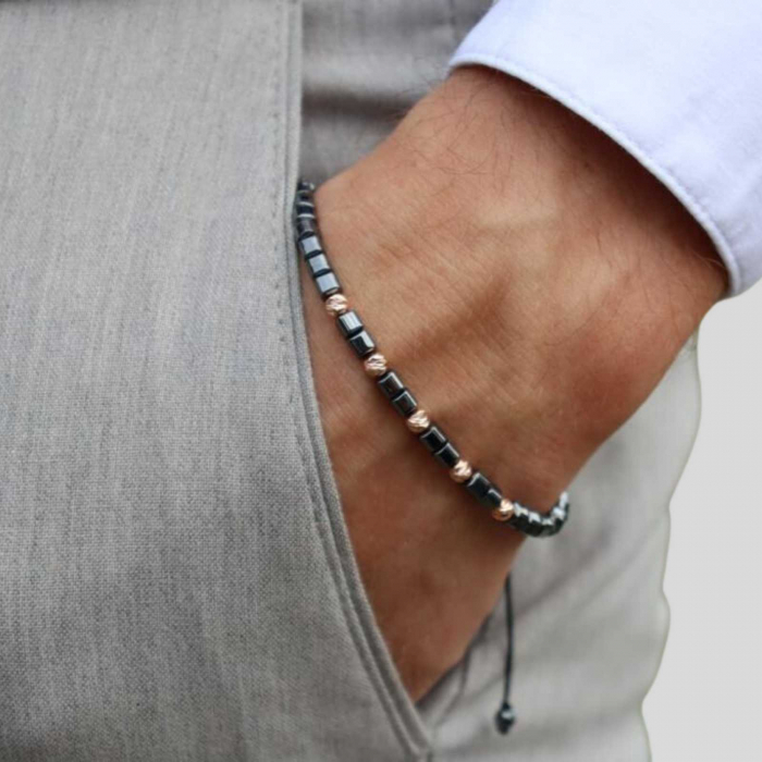 Bratara aur roz 14K cu bilute si pietre hematit cuburi 4 mm, snur reglabil [2]