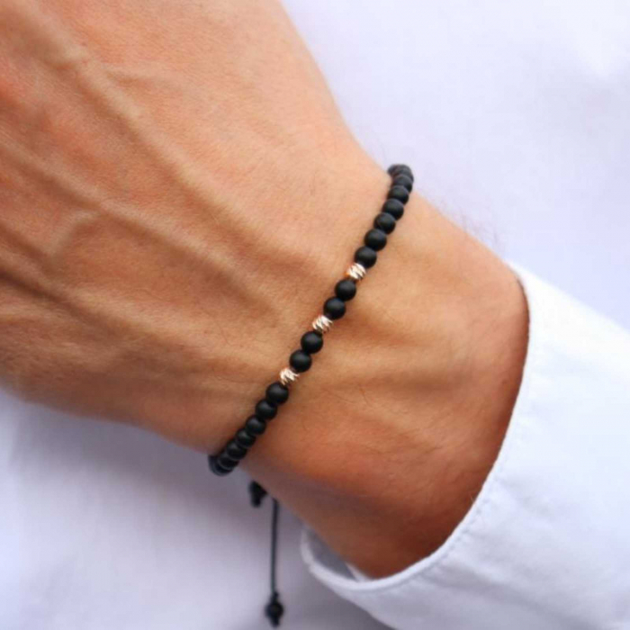 Bratara aur roz 14K cu bilute si pietre onix 4 mm, snur reglabil [3]