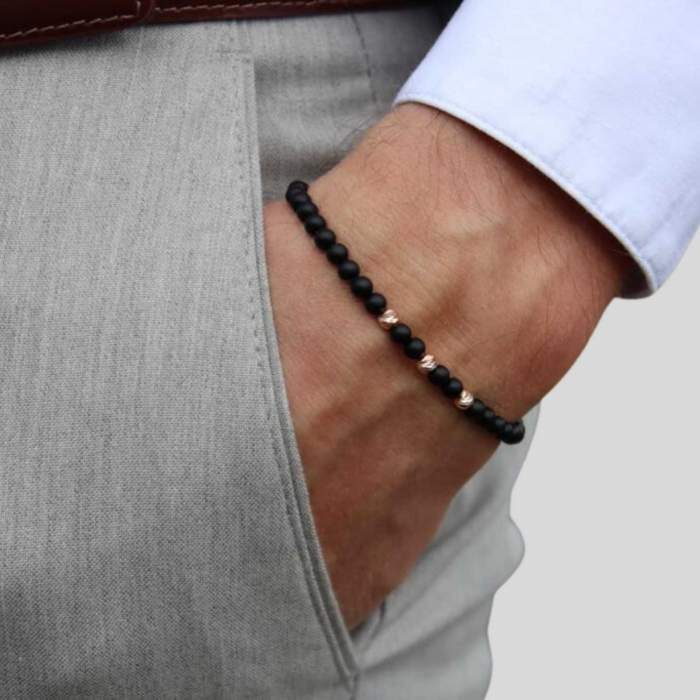 Bratara aur roz 14K cu bilute si pietre onix 4 mm, snur reglabil [2]