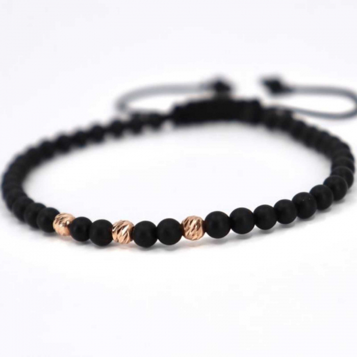 Bratara aur roz 14K cu bilute si pietre onix 4 mm, snur reglabil [5]