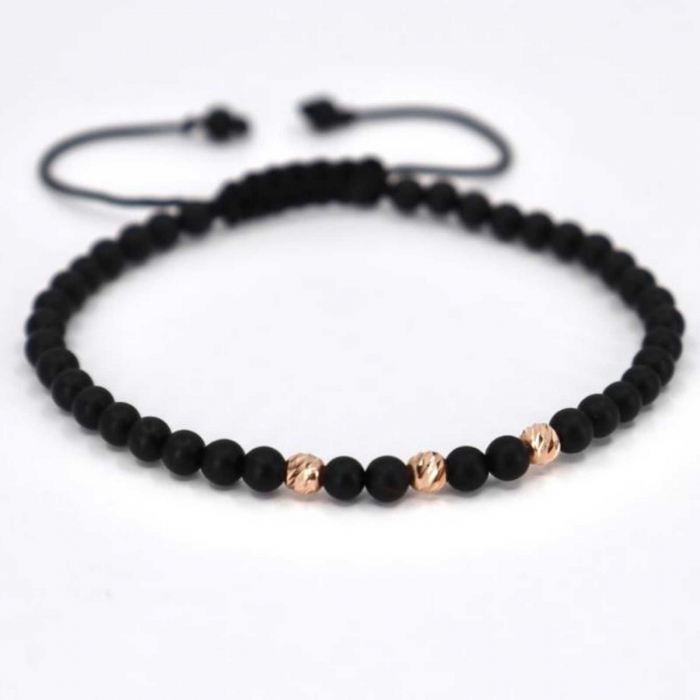 Bratara aur roz 14K cu bilute si pietre onix 4 mm, snur reglabil [4]