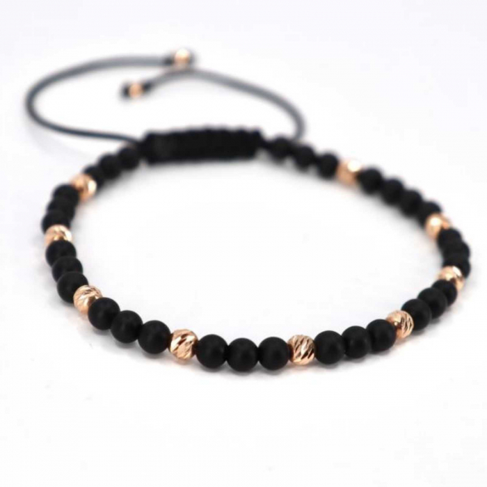 Bratara aur roz 14K cu bilute si pietre semipretioase onix 4 mm, snur ajustabil [5]