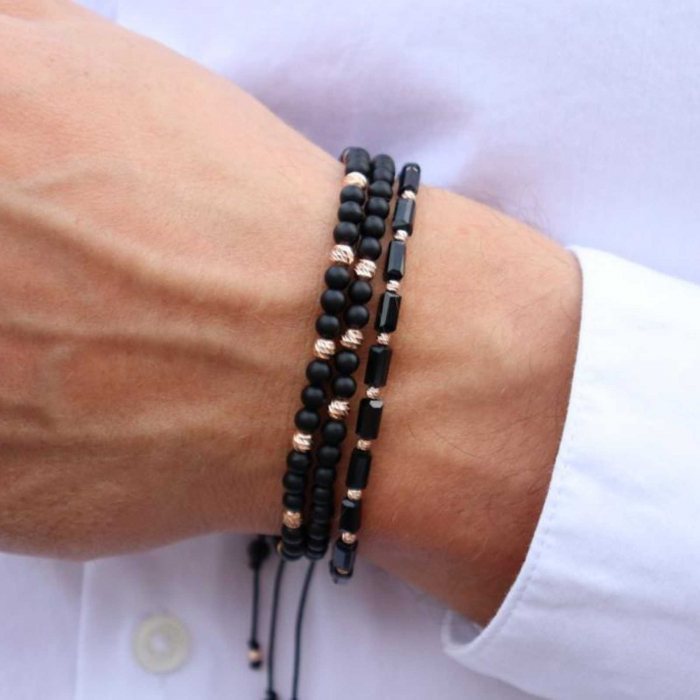 Bratara aur roz 14K cu bilute si pietre semipretioase onix 4 mm, snur ajustabil [4]