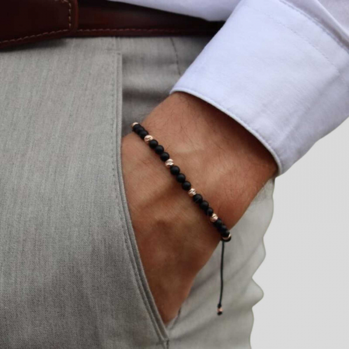 Bratara aur roz 14K cu bilute si pietre semipretioase onix 4 mm, snur ajustabil [2]