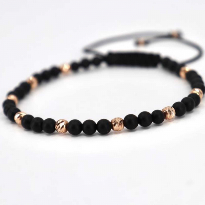 Bratara aur roz 14K cu bilute si pietre semipretioase onix 4 mm, snur ajustabil [7]