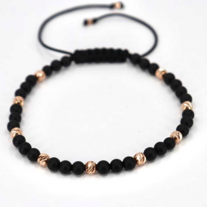 Bratara aur roz 14K cu bilute si pietre semipretioase onix 4 mm, snur ajustabil [6]
