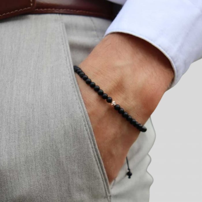 Bratara aur roz 14K cu bilute si pietre semipretioase onix 4 mm, snur reglabil [2]