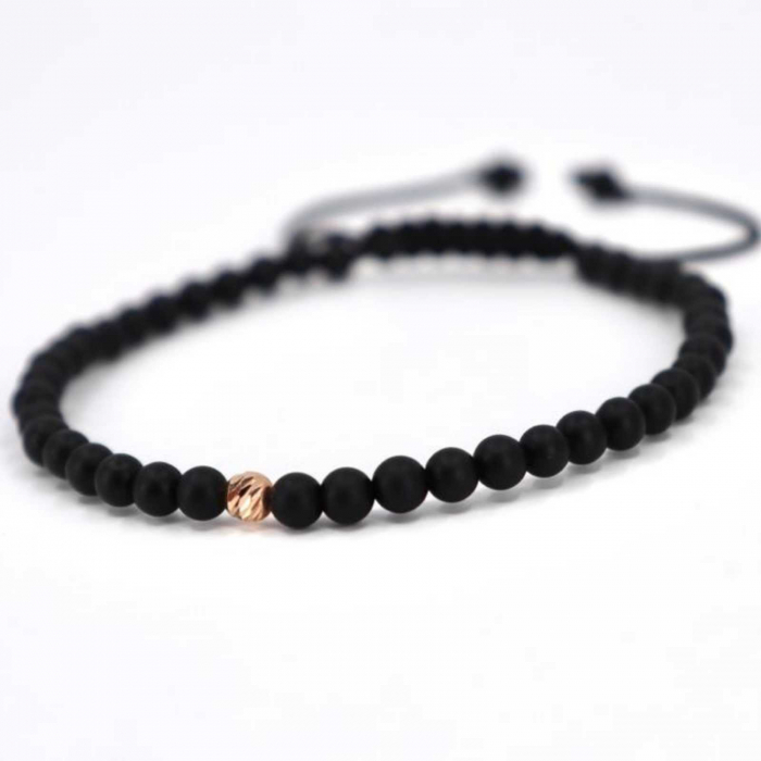 Bratara aur roz 14K cu bilute si pietre semipretioase onix 4 mm, snur reglabil [4]