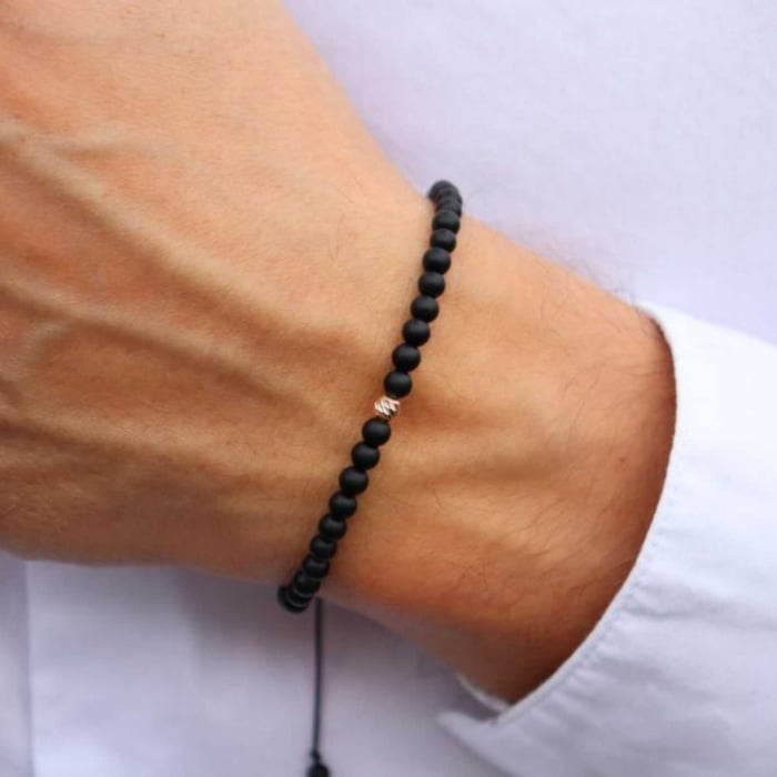 Bratara aur roz 14K cu bilute si pietre semipretioase onix 4 mm, snur reglabil [3]