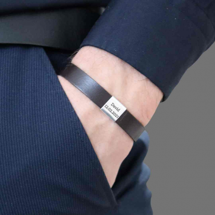 Bratara barbati Argint, piele si placuta, personalizata gravura text [2]