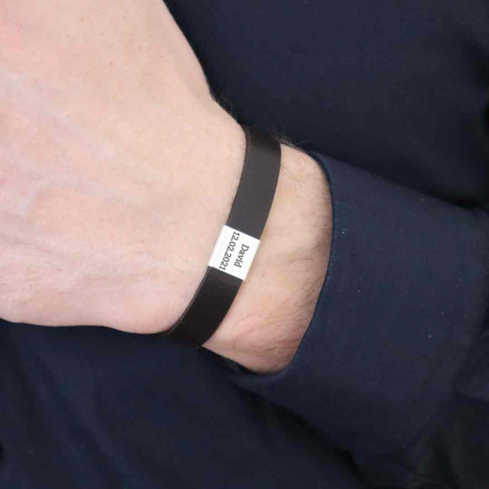 Bratara barbati Argint, piele si placuta, personalizata gravura text [3]
