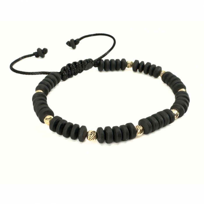 Brățară Bărbați cu Bile de Aur 14K 4 mm, Hematit Discuri Negru Mat, Șnur Reglabil [2]