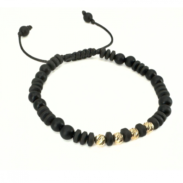 Brățară Bărbați cu Bile de Aur 14K 5 mm, Hematit Discuri și Onix Negru Mat 6mm, Șnur Reglabil [2]