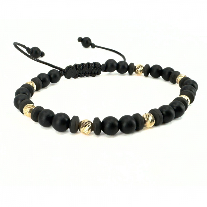 Brățară Bărbați cu Bile de Aur 14K 5 mm, Hematit Discuri și Onix și  Negru Mat 6mm, Șnur Reglabil [2]