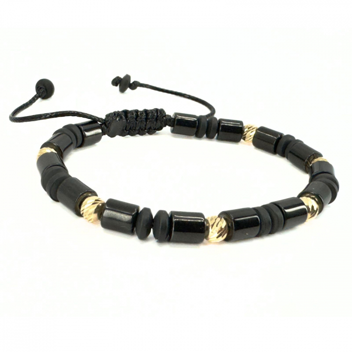 Brățară Bărbați cu Bile de Aur 14K 5 mm, Hematit Negru 6mm, Șnur Reglabil [2]